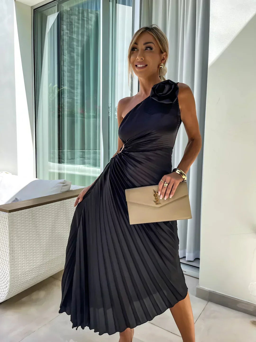 Fuchsia one-shoulder pleated midi dress with sculpted 3D floral detail for women evening events