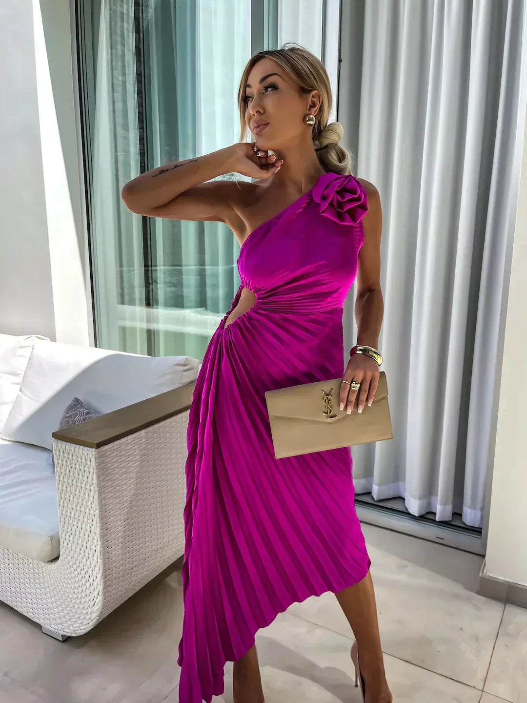 Fuchsia one-shoulder pleated midi dress with sculpted floral shoulder detail for women evening events