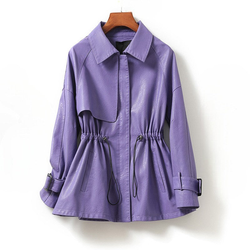 Bold glossy sheepskin leather rider jacket with cinched waist and belted cuffs