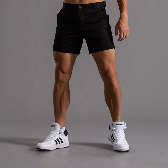 Men's khaki cotton chino shorts mid-length flat-front cut breathable casual summer essential