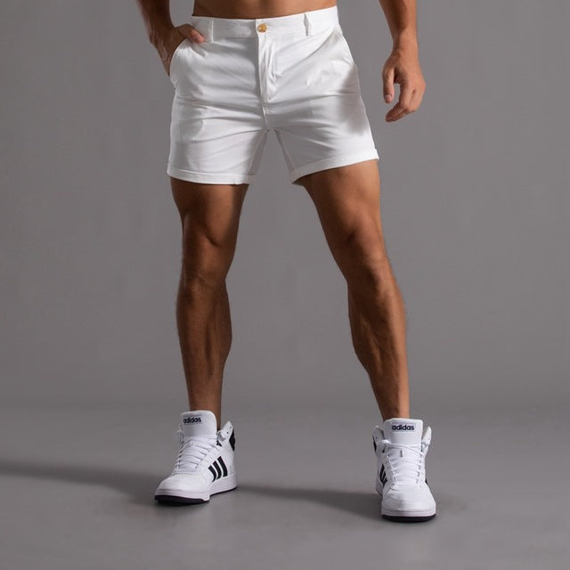 Men's khaki cotton chino shorts mid-length flat-front cut breathable casual summer style