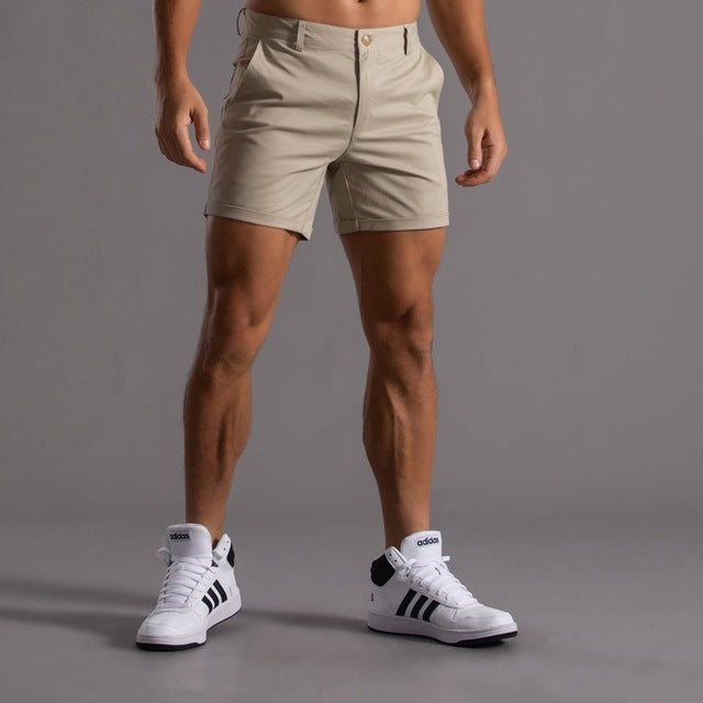 Men's khaki cotton chino shorts mid-length flat-front cut breathable casual summer essential