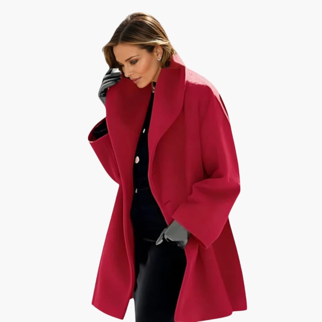 Women's mid-length coat wide open collar no closure elegant modern outerwear clean silhouette