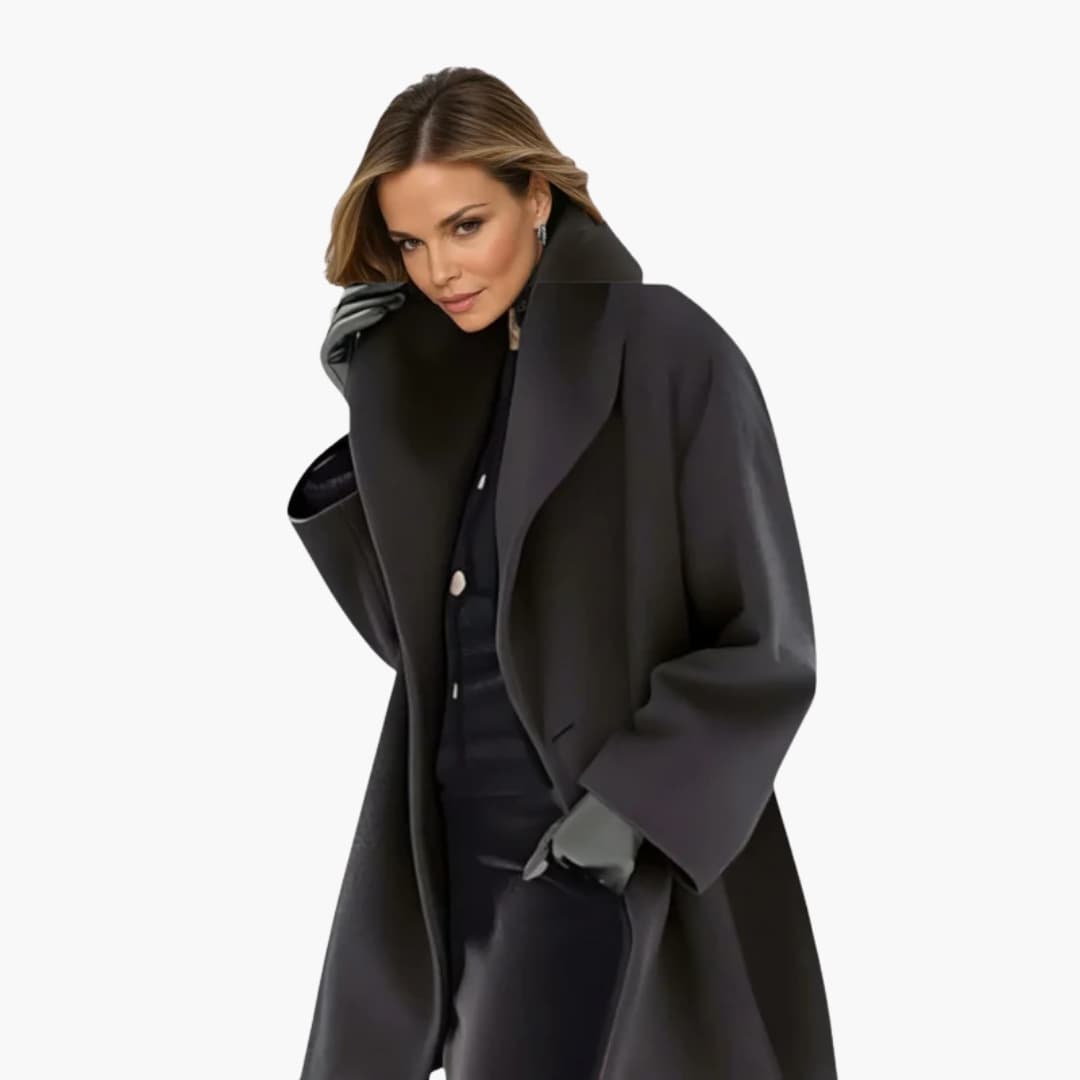 Women's mid-length open-front coat with wide lapel collar, elegant modern silhouette