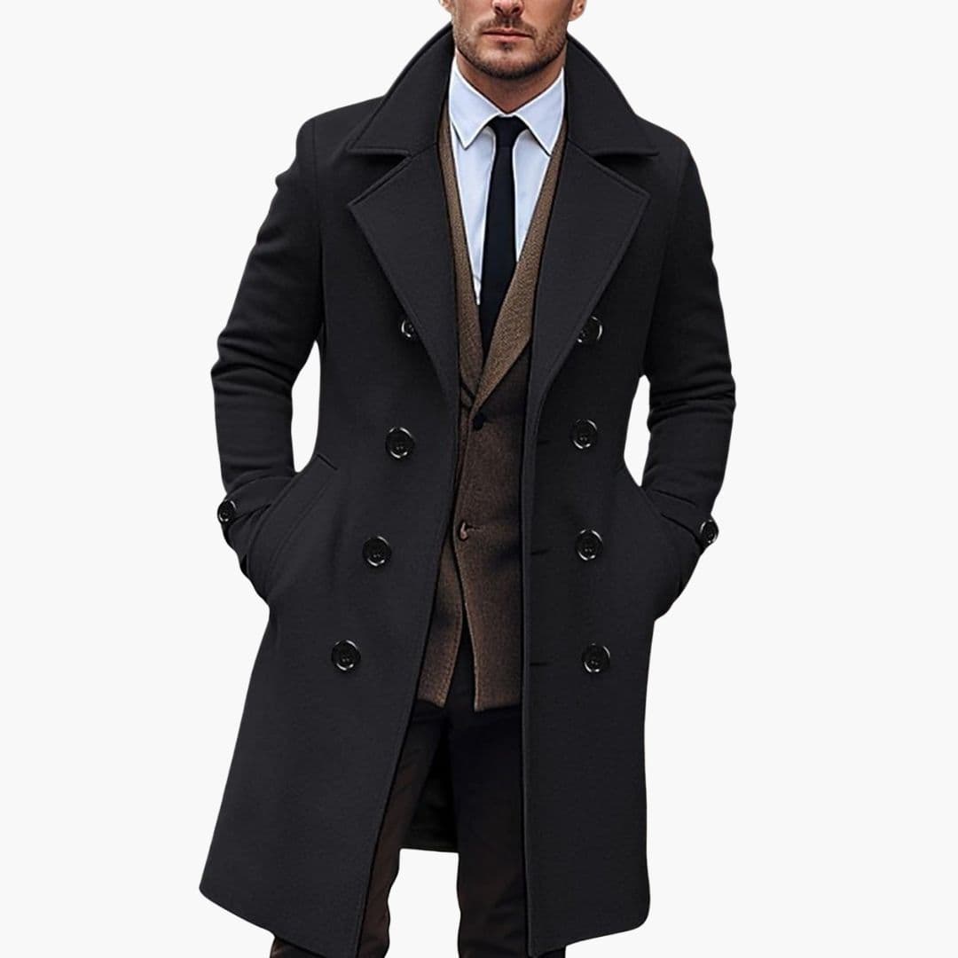 Men's double-breasted long coat wide lapel collar piped pockets classic tailored timeless style