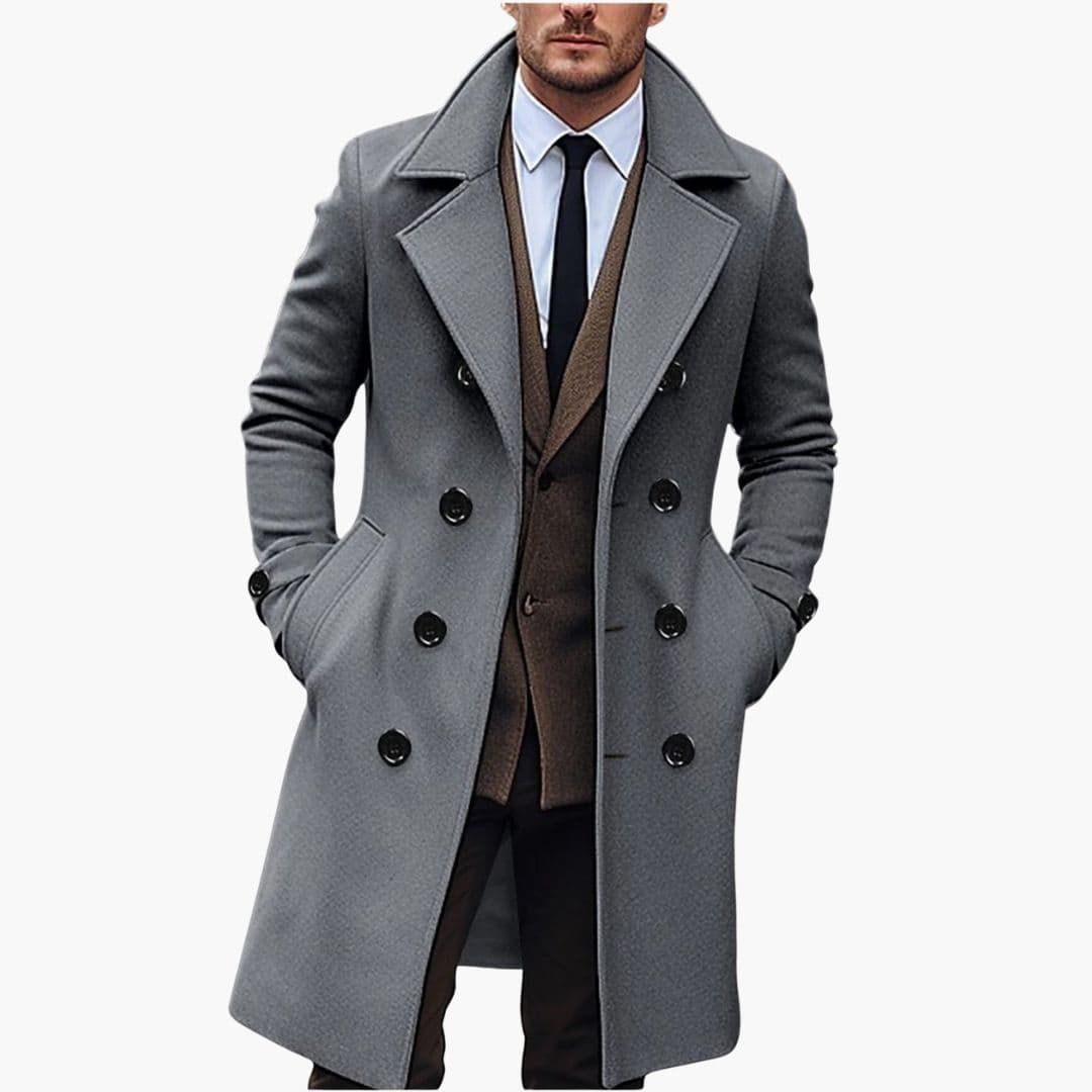 Men's double-breasted long coat wide lapel collar piped pockets classic tailored style