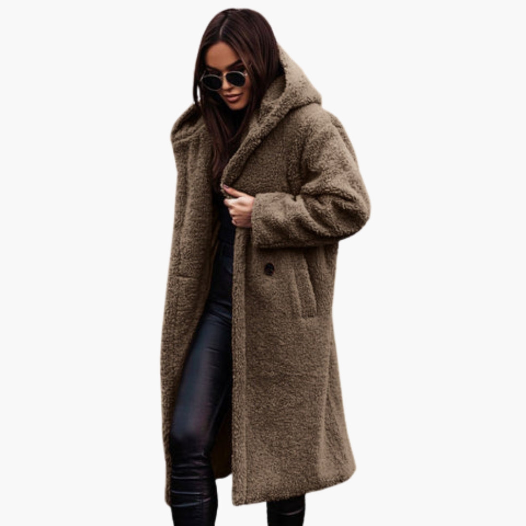 Women's long teddy coat with hood, plush texture, button closure, and cozy warmth for cool days