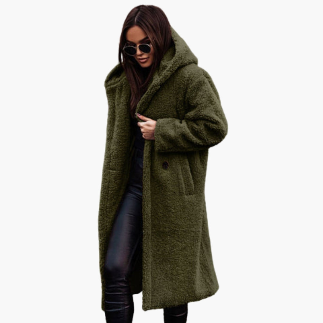 Women's long teddy coat with hood, plush texture, button closure, and front pockets for cozy warmth