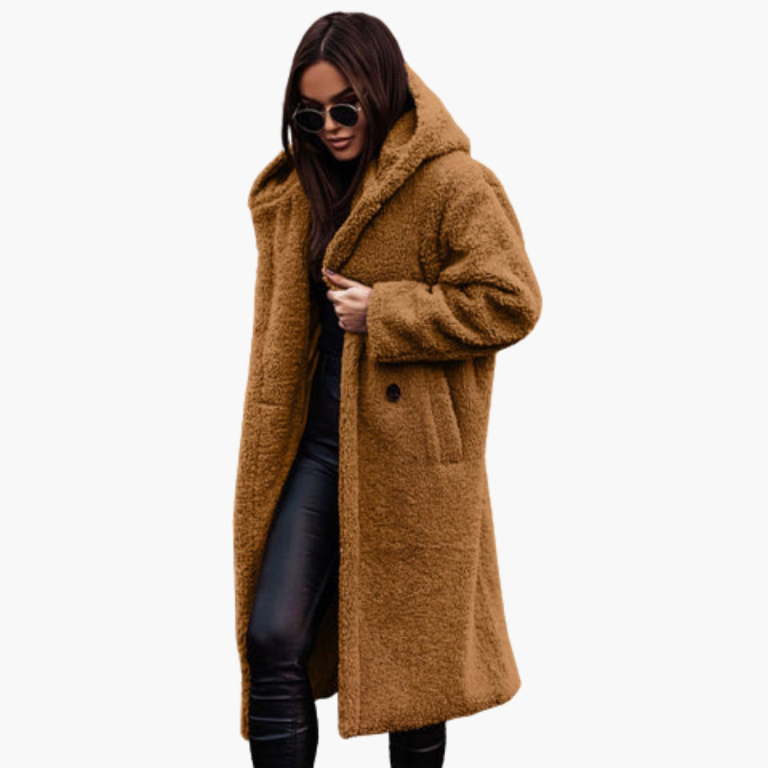 Women's long teddy coat with hood, plush texture, button closure, and front pockets for cozy warmth