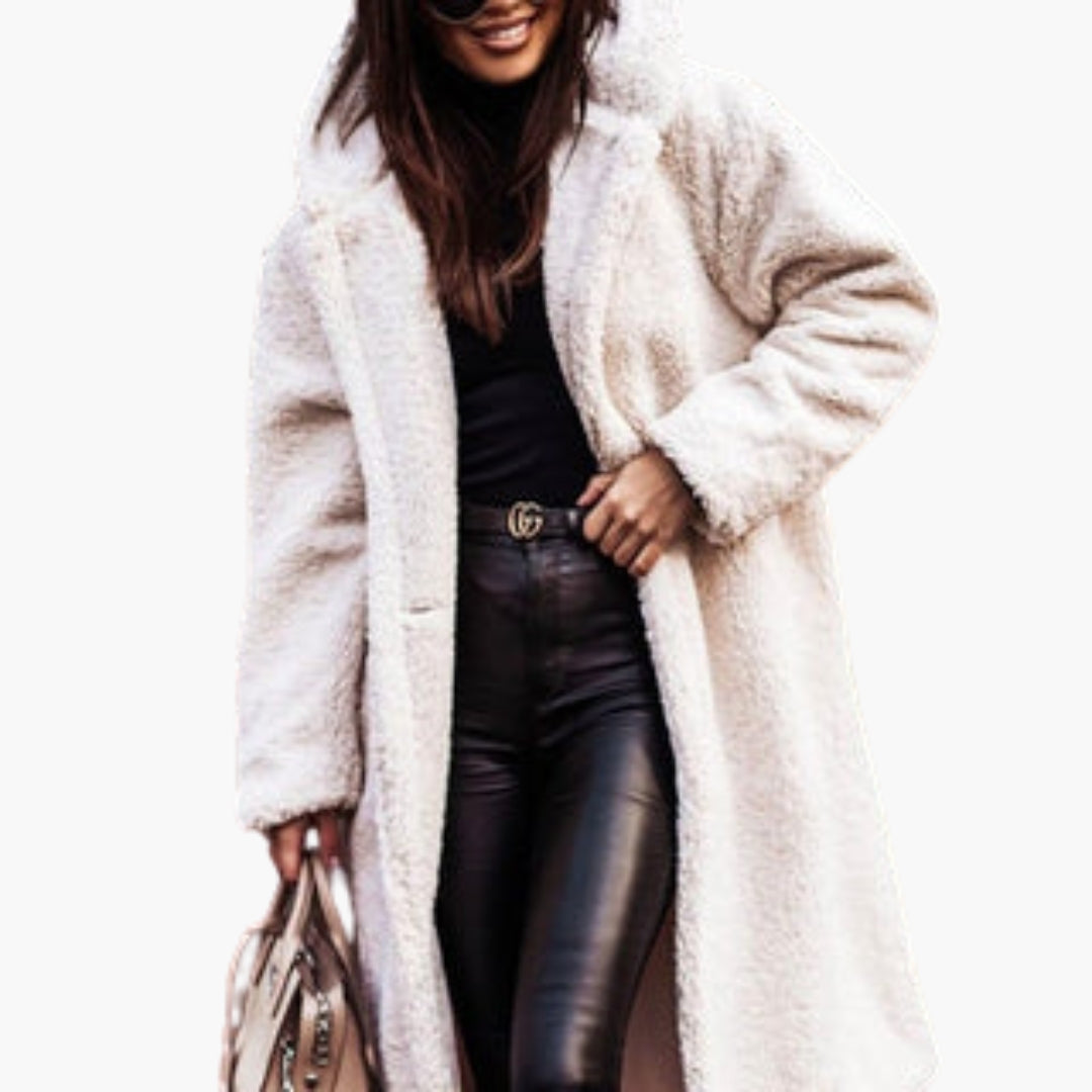 Women's long teddy coat with hood, plush texture, button closure, and cozy warmth for cool days