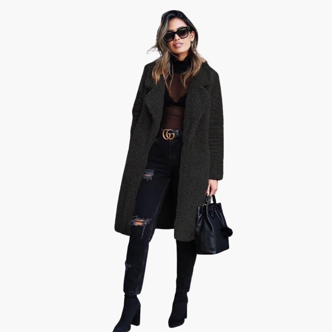 Women's long textured fleece coat with open front, structured collar, minimalist silhouette