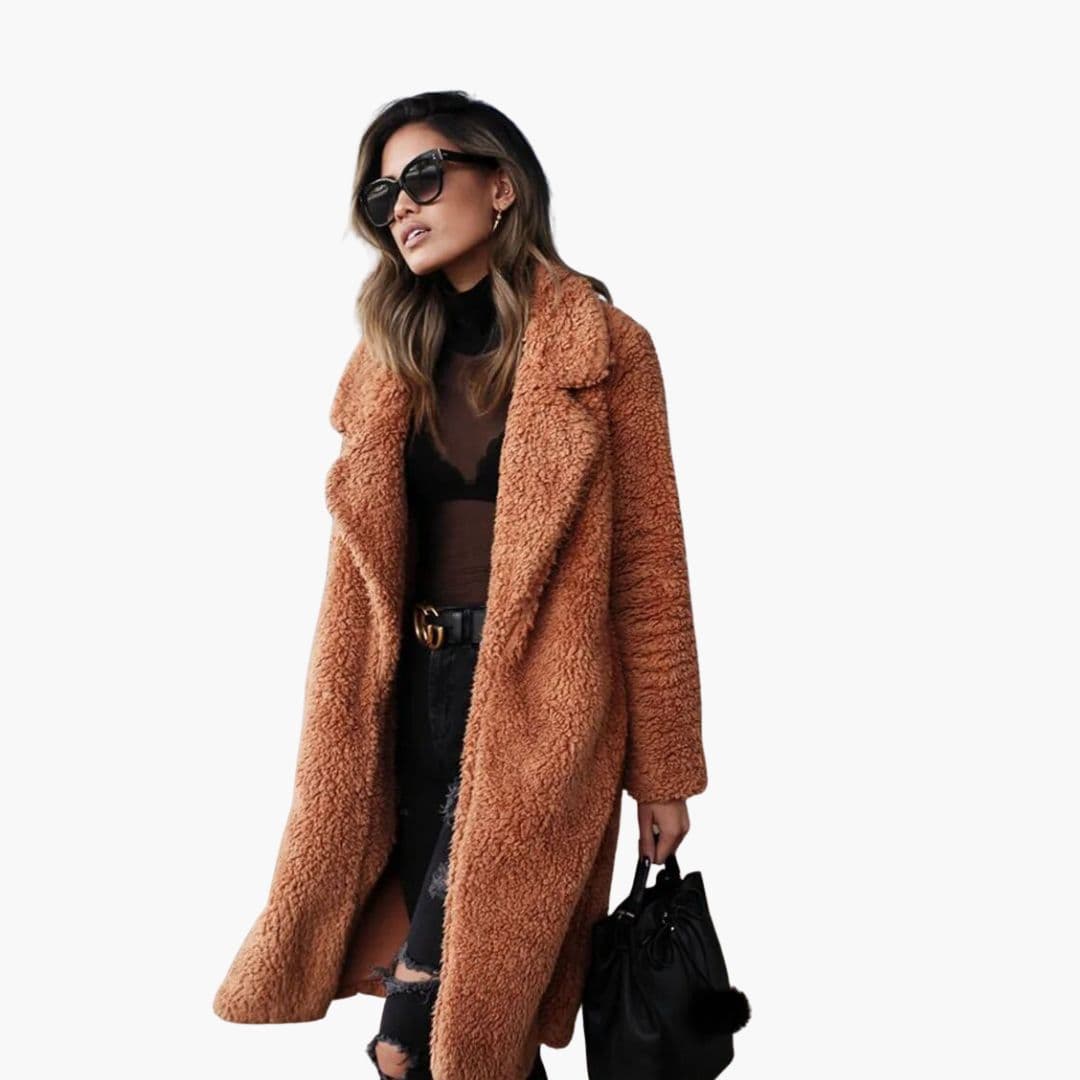 Women's long fleece coat with open front, structured collar, and textured surface in minimalist style