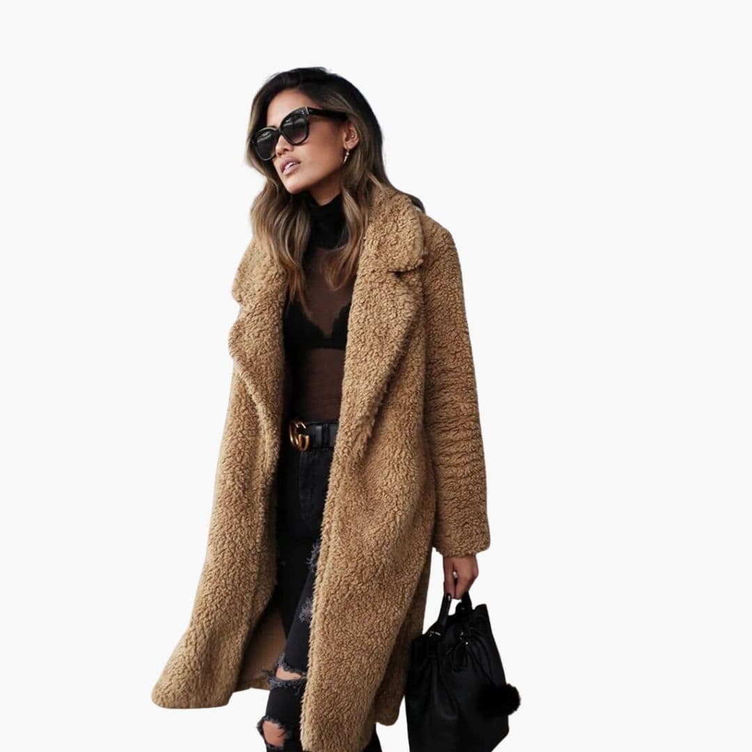 Women's long textured fleece coat with open front closure and structured distinctive collar