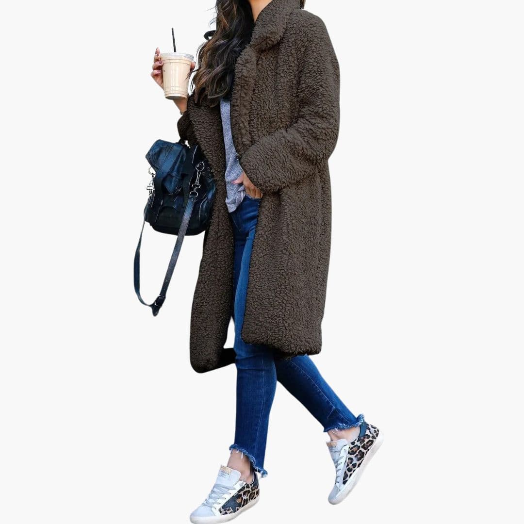 Women's long textured fleece coat with open front closure and structured distinctive collar