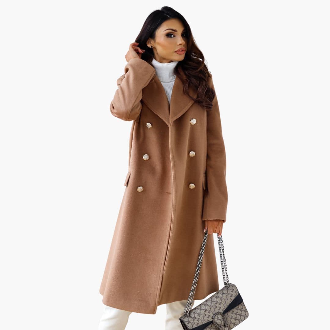 Women's elegant long coat with lapel collar and front button closure, tailored silhouette for versatile wear