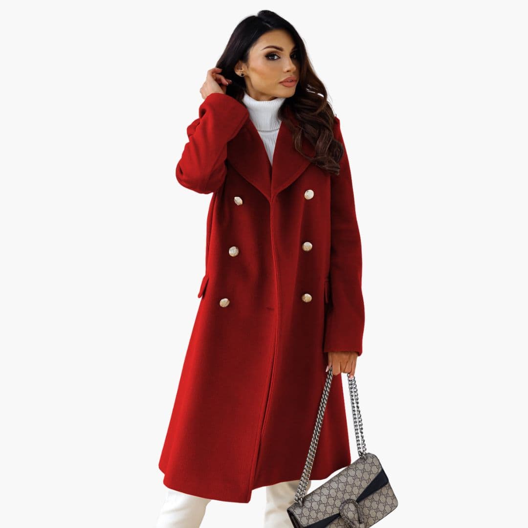 Women's elegant long coat with lapel collar and front button closure, tailored silhouette for versatile wear