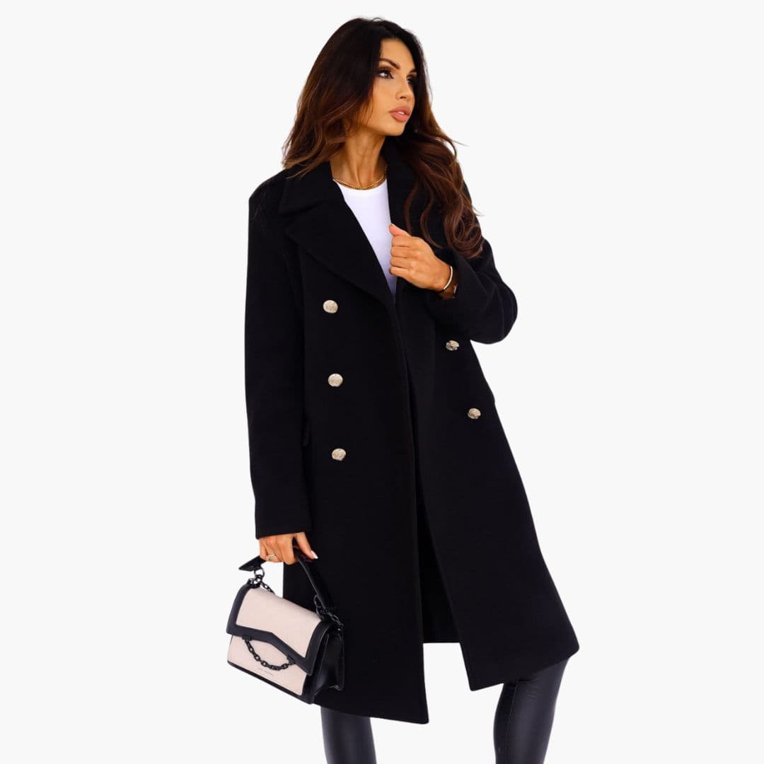 Women's elegant long coat with lapel collar and front button closure, tailored silhouette