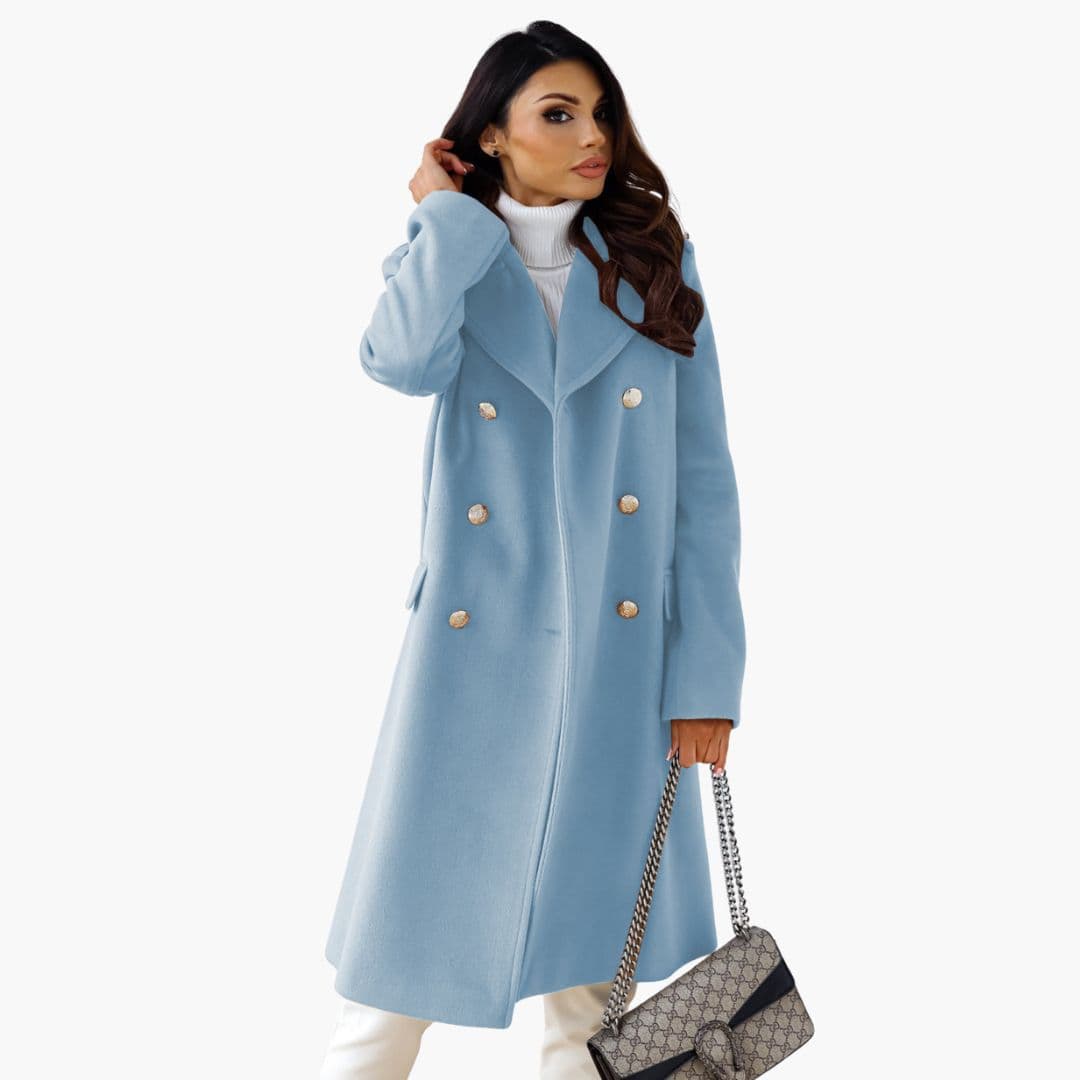 Women's elegant long coat with lapel collar and front button closure, tailored silhouette for versatile wear