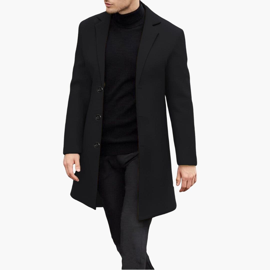Men's long navy coat notched collar quilted lining classic modern slim fit warmth