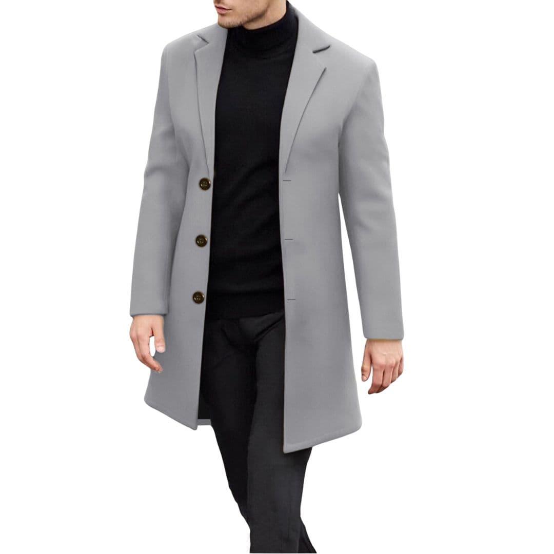 Men's long coat with notched collar, quilted lining, clean silhouette, classic modern style for everyday wear