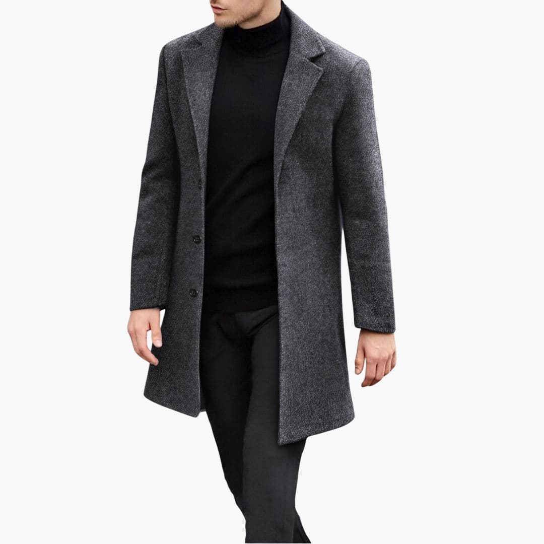 Men's long navy coat notched collar quilted lining classic modern slim silhouette ultimate warmth