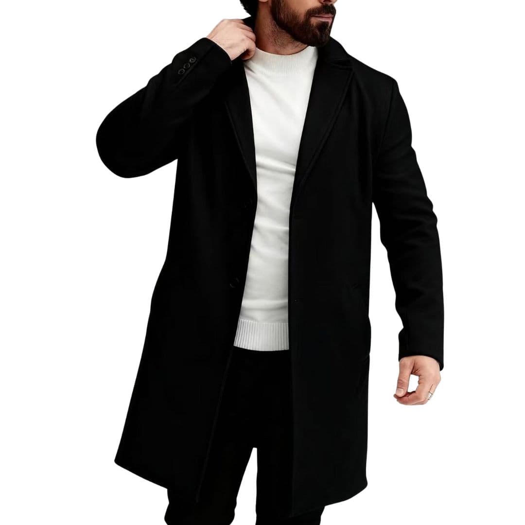 Men's long winter coat with notched collar, vertical button closure, and front welt pockets