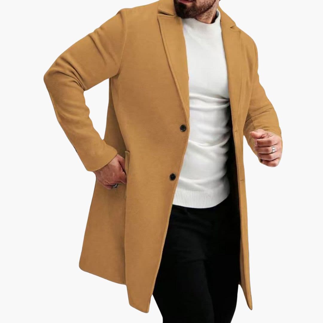 Men's classic long coat with notched collar, vertical button closure, and side pockets in neutral tone