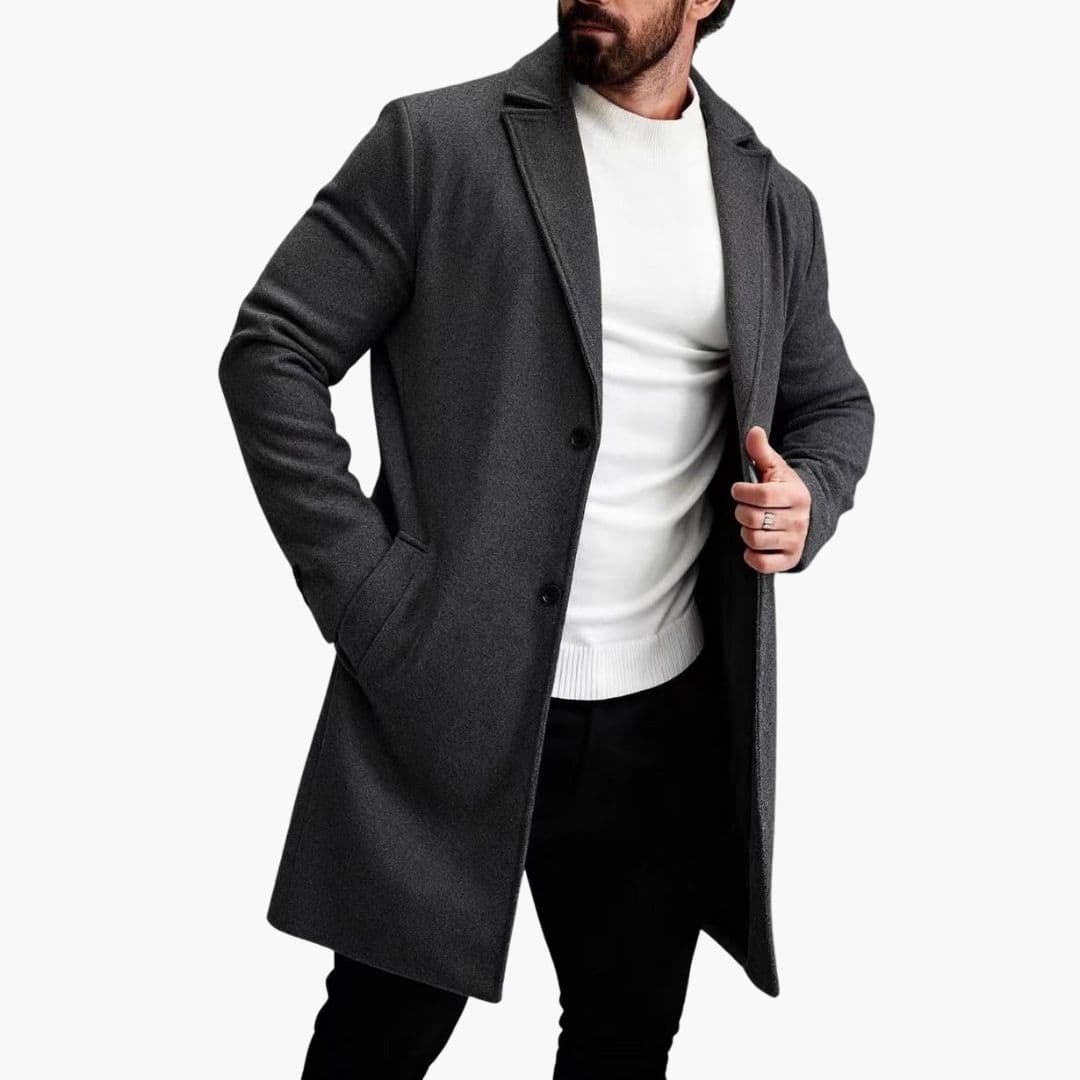 Men's classic long coat with notched collar, vertical button closure, and side pockets in timeless style