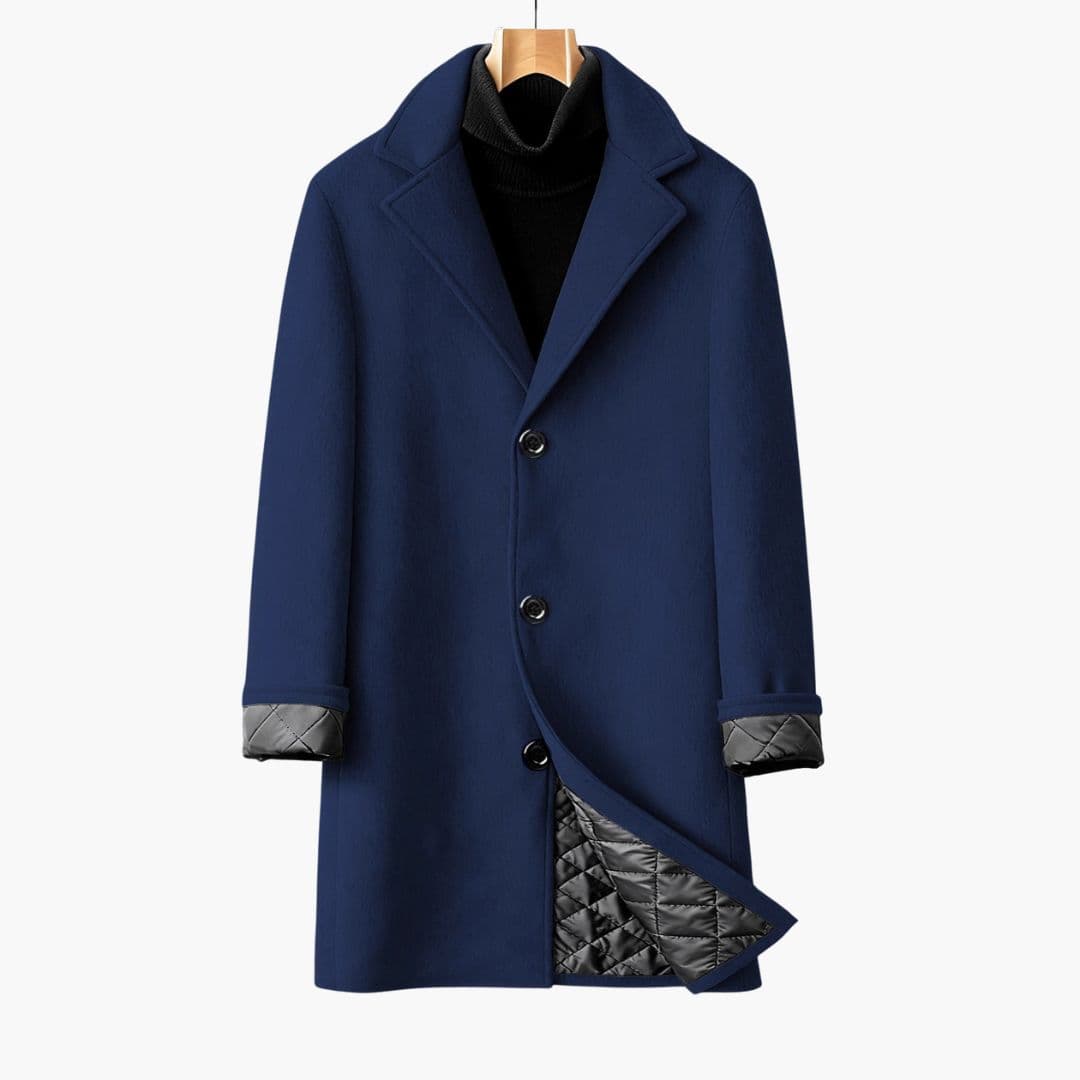 Men's long coat quilted lining notched collar front button closure mid-season outerwear classic tailored fit