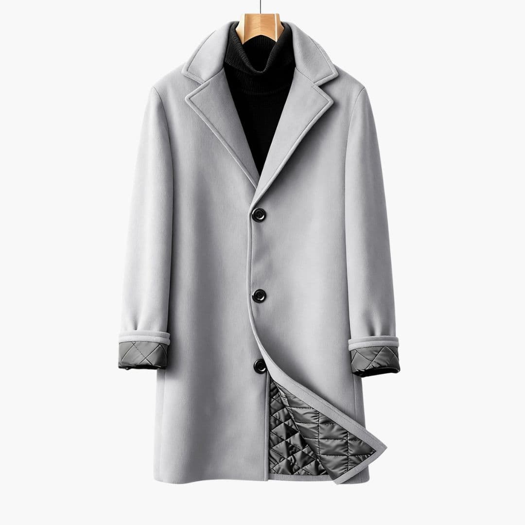 Men's long quilted-lined notched collar coat mid-season outerwear with front button closure