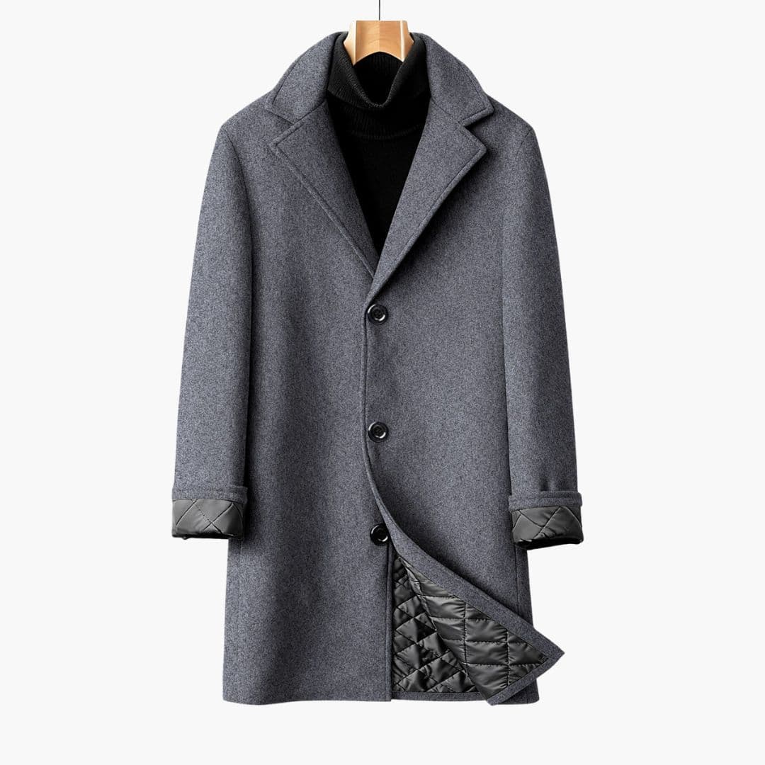Men's long coat quilted lining notched collar front button closure mid-season outerwear classic fit