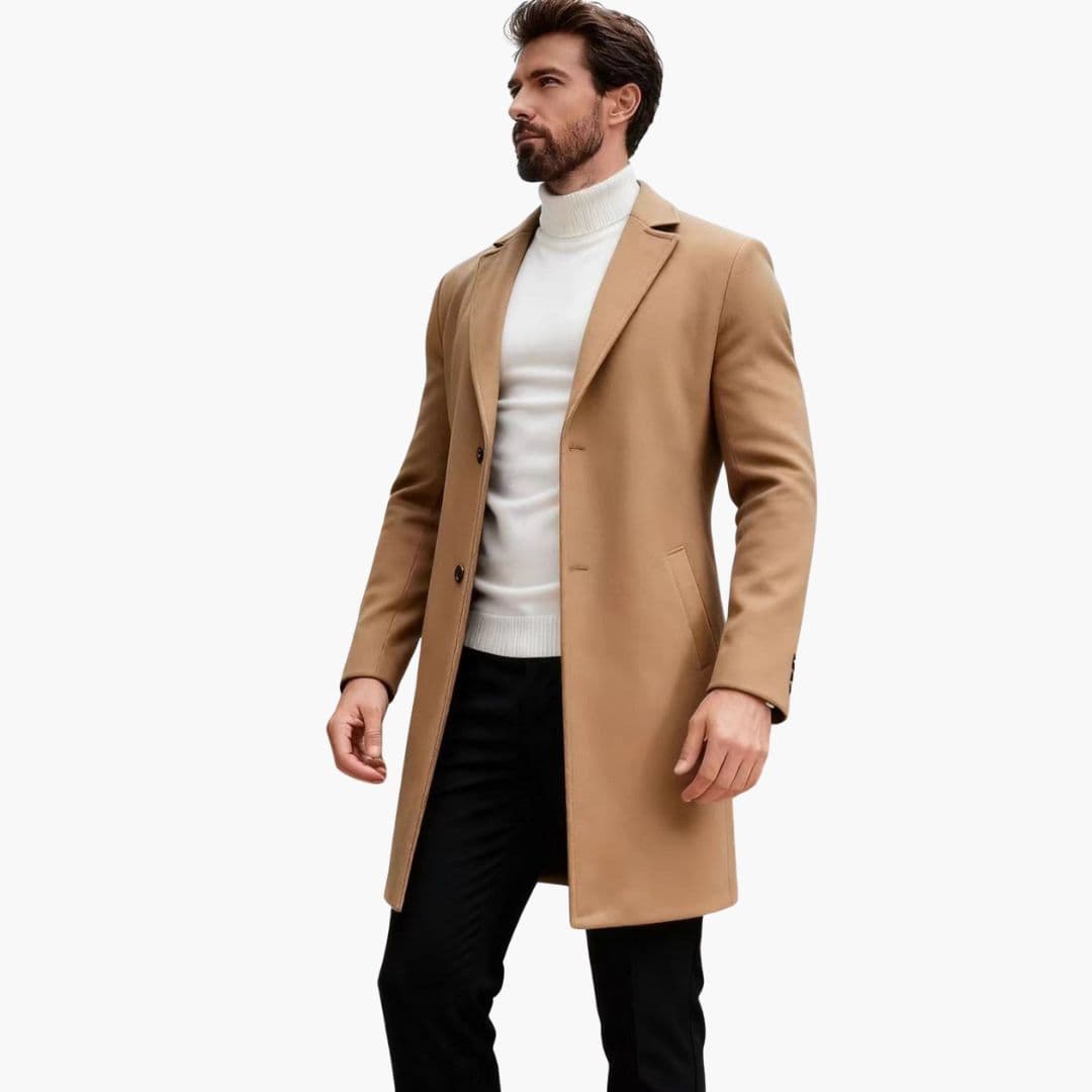 Men's classic long wool coat with notched collar, lined interior, and front pockets for smart-casual wear