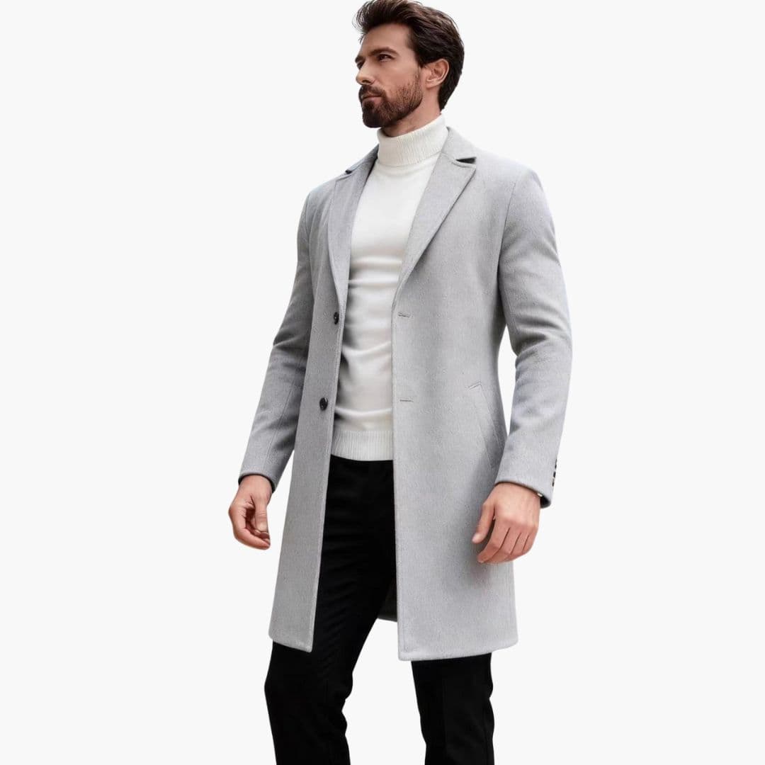 Men's long wool coat with notched collar, lined interior, classic fit, and front pockets for smart-casual wear