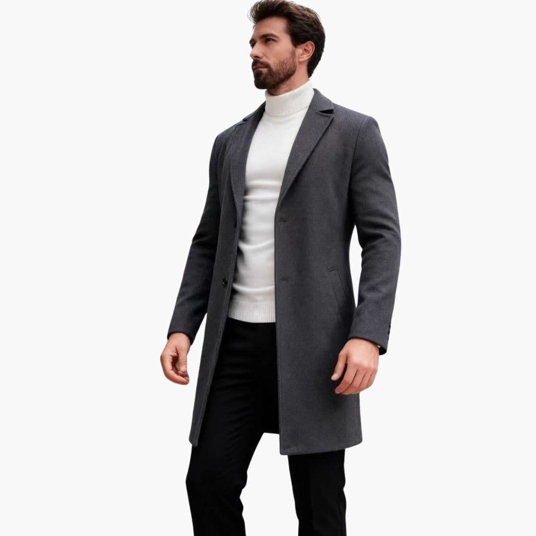 Men's long wool coat with notched collar, lined interior, classic cut, and practical pockets for smart-casual wear