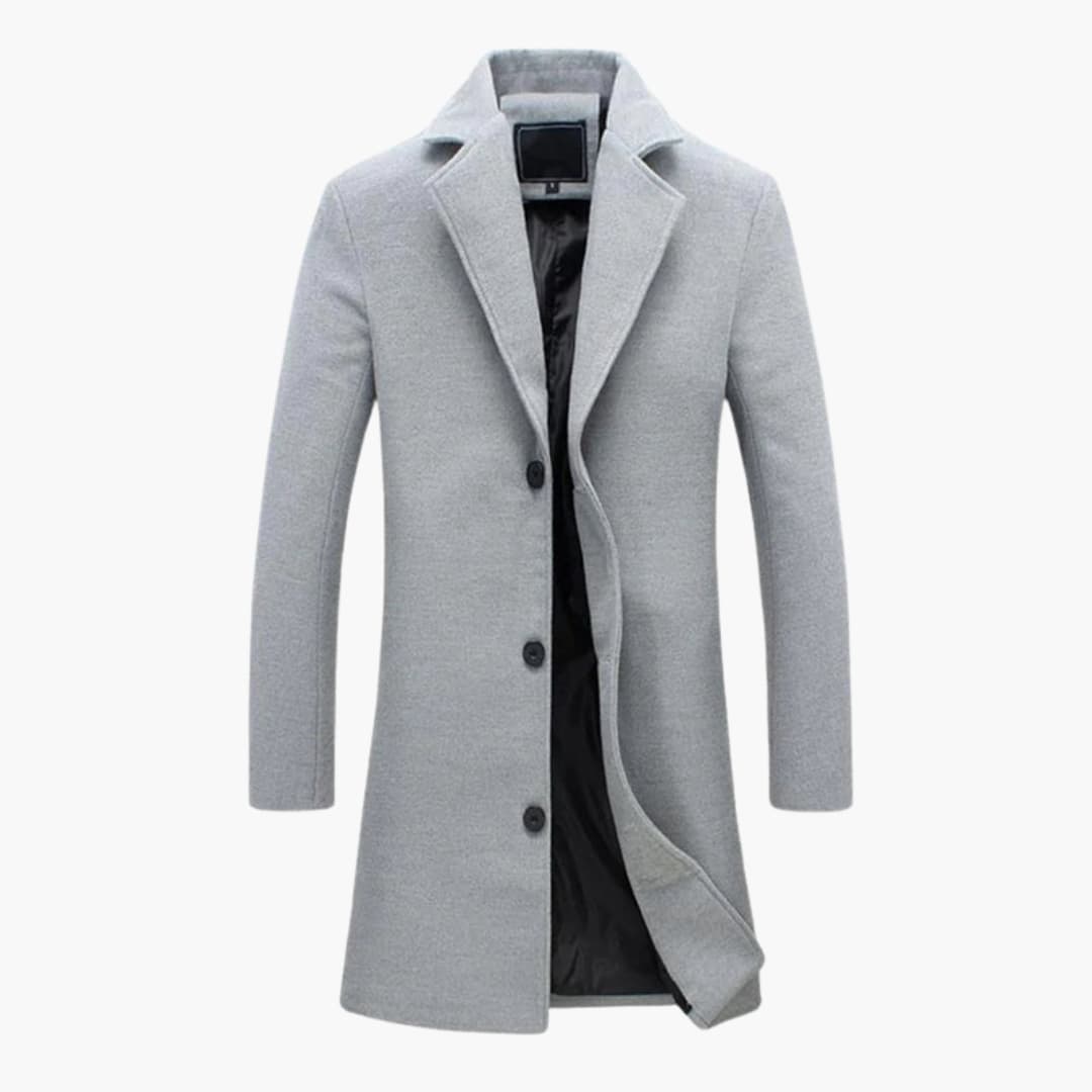 Men's long insulated winter coat with hood, front closure, and pockets — warm practical outerwear