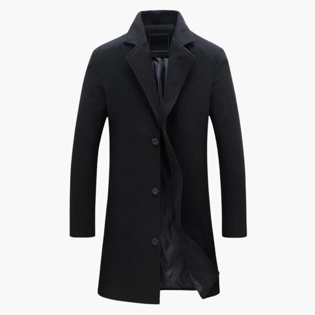 Men's long insulated winter coat with hood, front closure, and deep pockets for cold weather