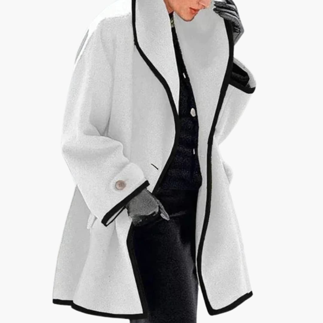 Women's longline hooded coat with button closure, front pockets, below-hip cozy outerwear