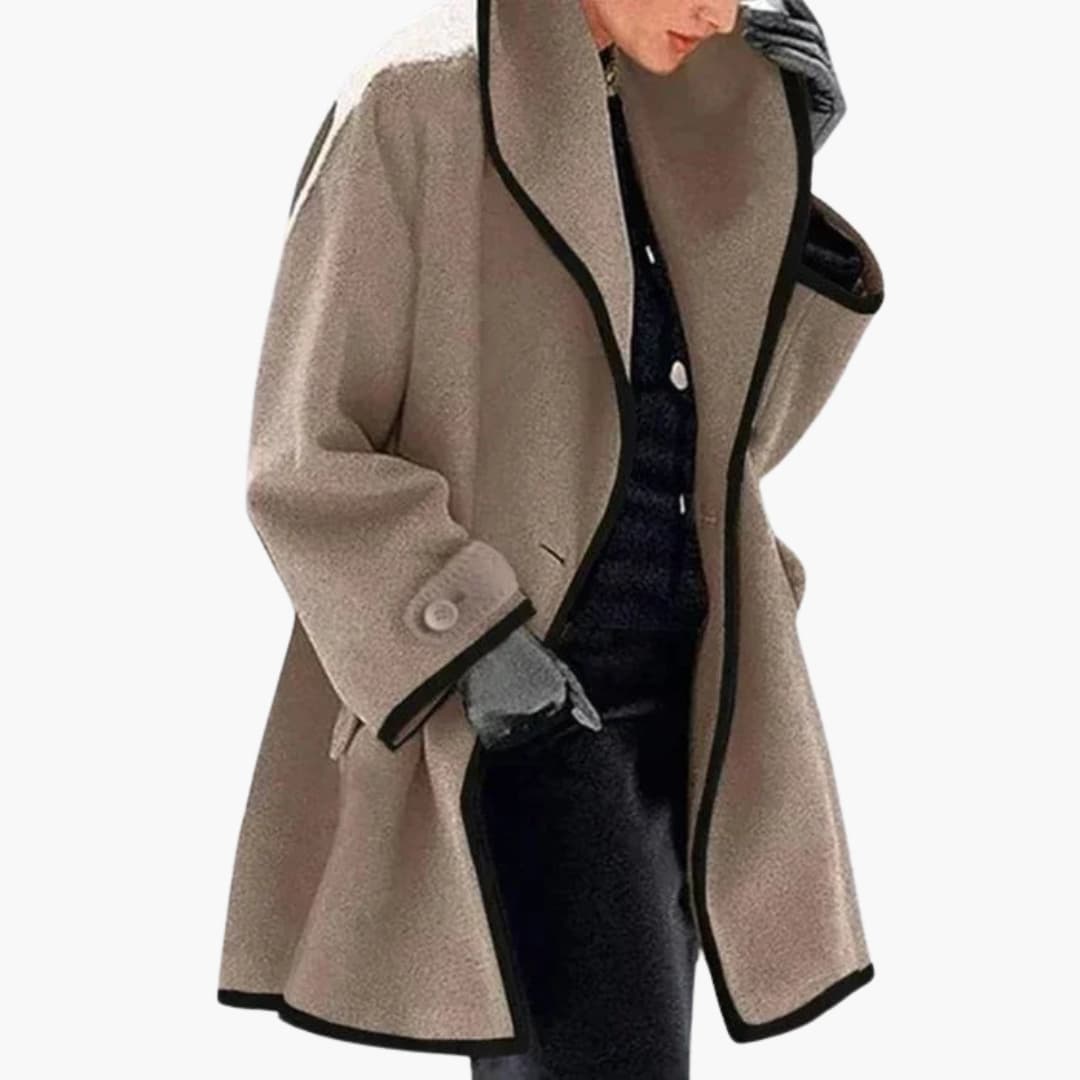 Women's longline hooded coat with button closure, front pockets, below-hip cozy outerwear
