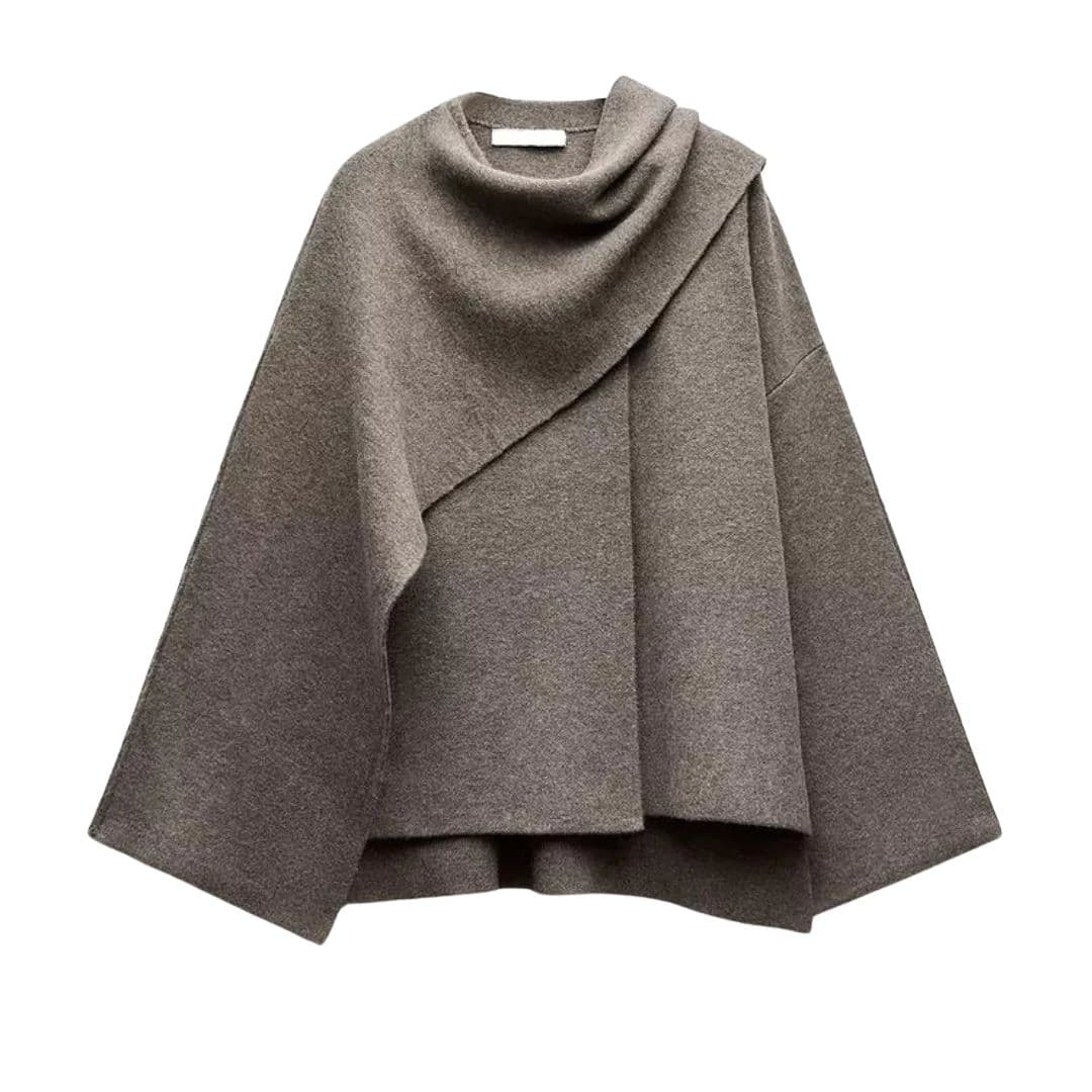 Women's cape coat with scarf collar, fluid silhouette, front buttons, elegant minimalist style