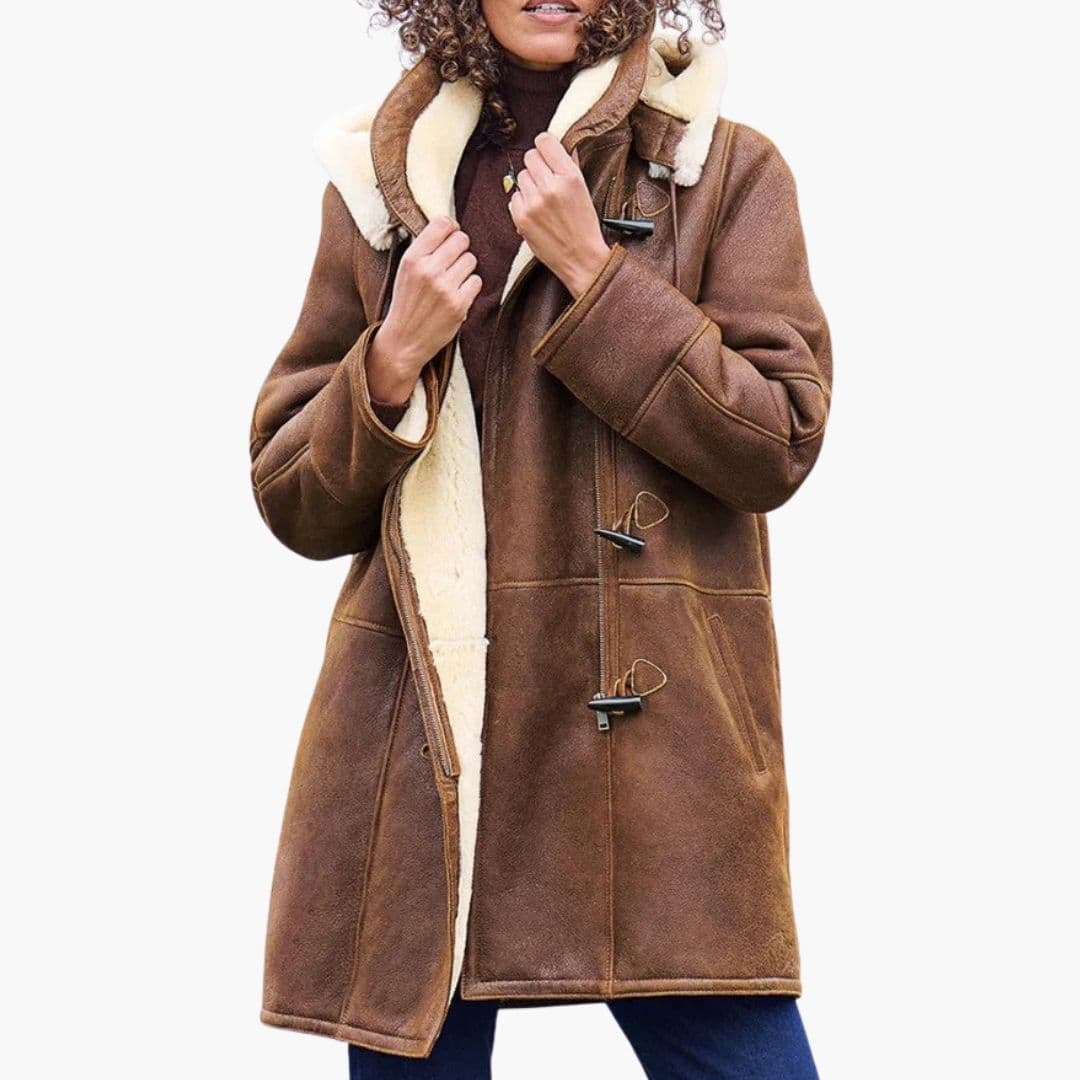 Women's winter duffle coat with plush insulated hood and toggle detailing in classic warm style