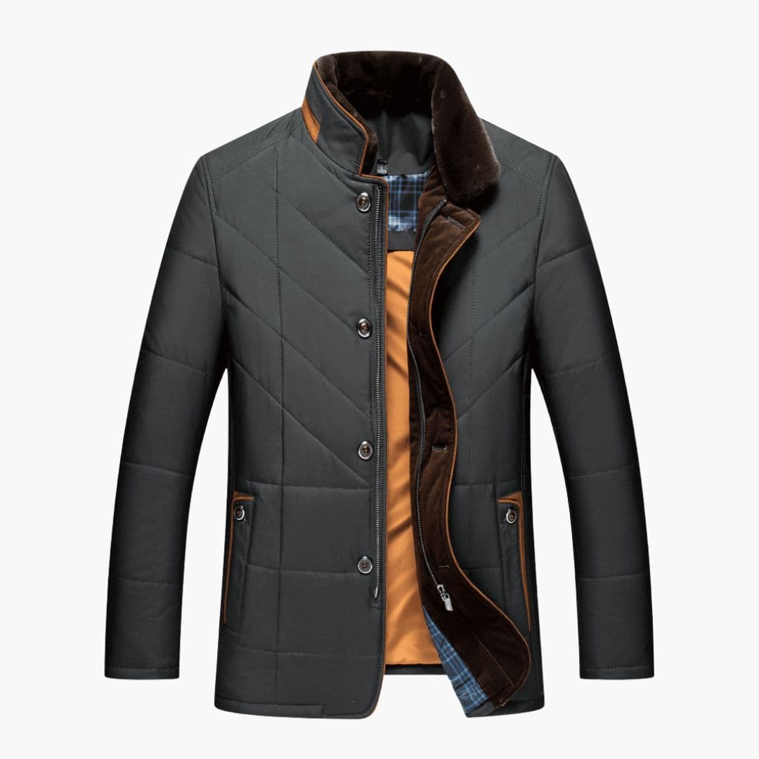Men's winter coat stand-up collar zip button closure stylish durable outerwear modern silhouette