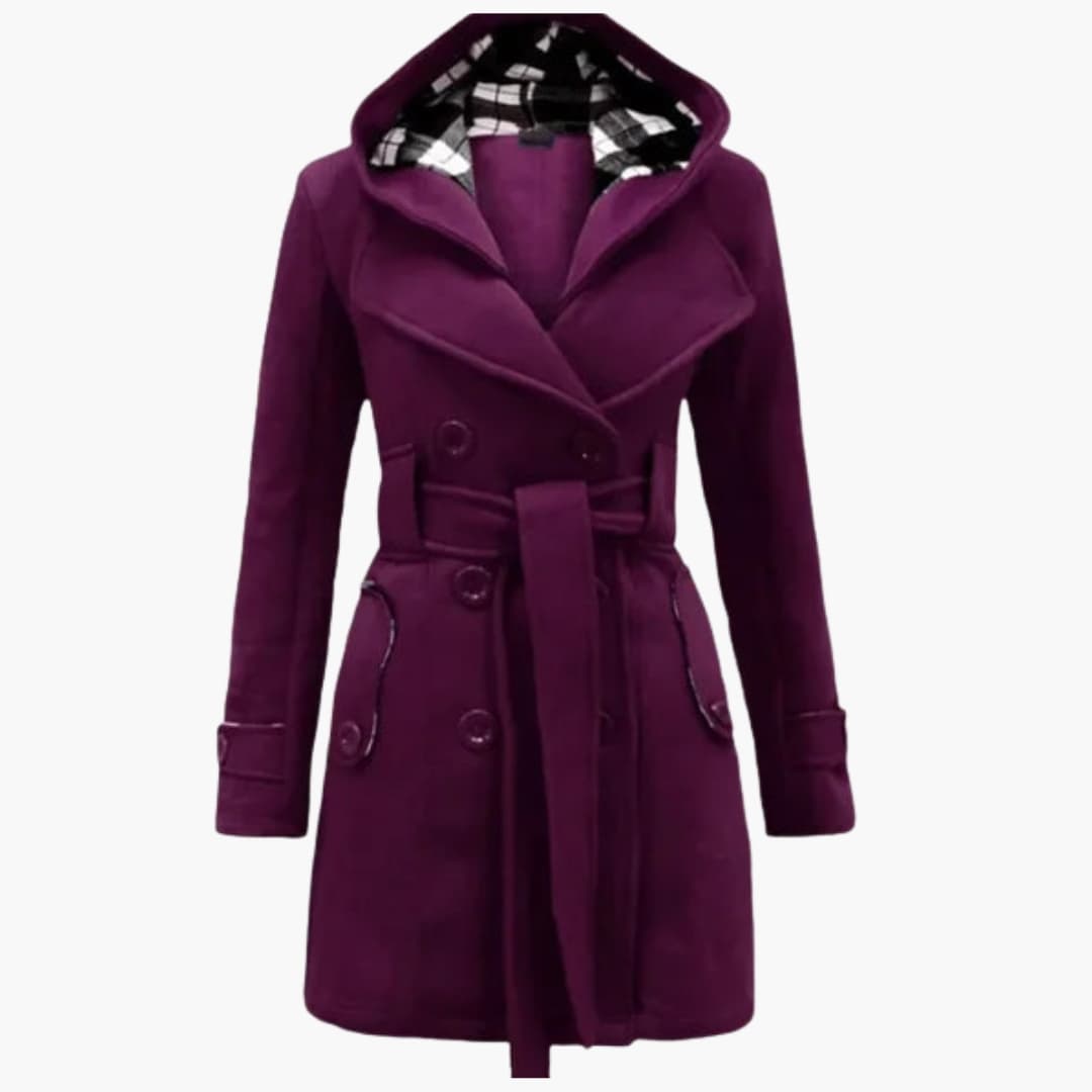 Women's beige hooded trench coat with wide lapel collar, belt closure, and streamlined silhouette