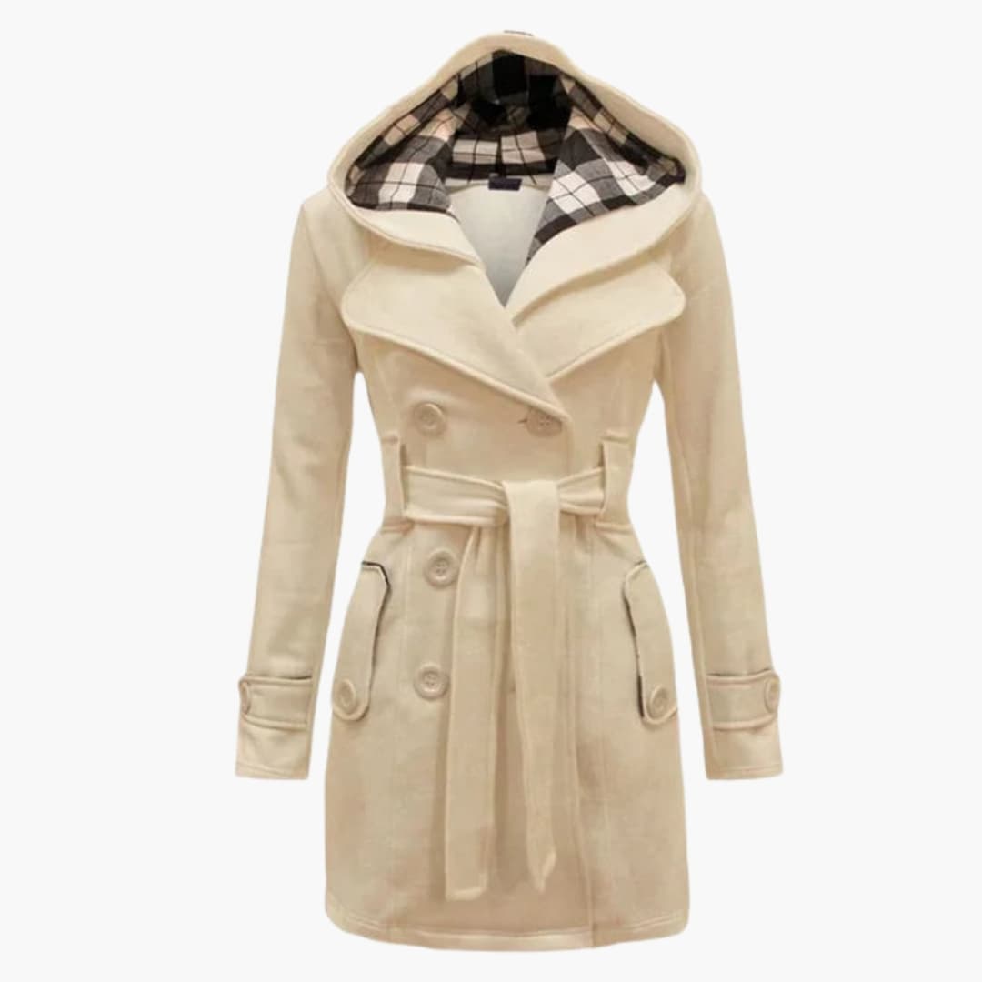Women's beige hooded trench coat with belt, wide lapel collar, and button closure slim fit
