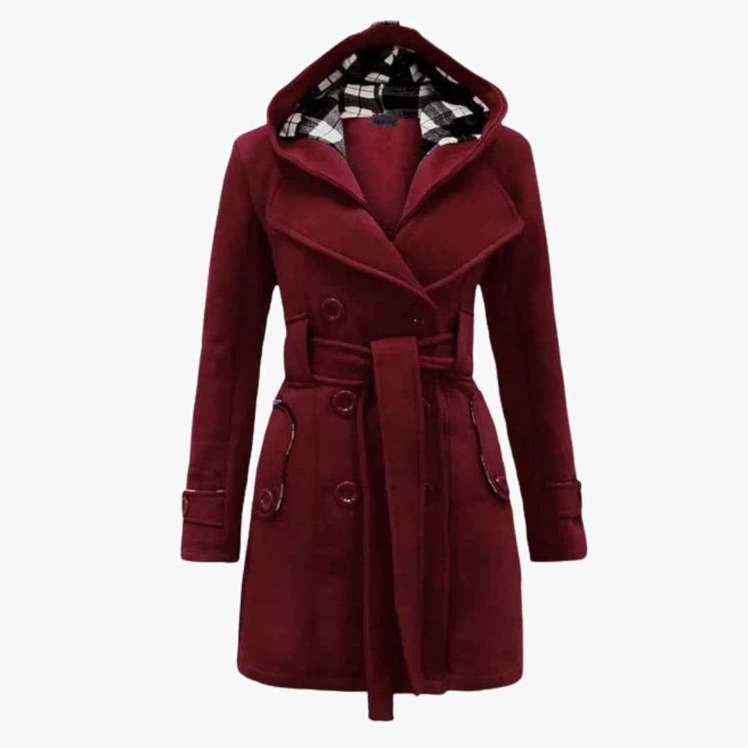 Women's hooded trench coat with belt, wide lapel collar, and button closure in classic neutral tone