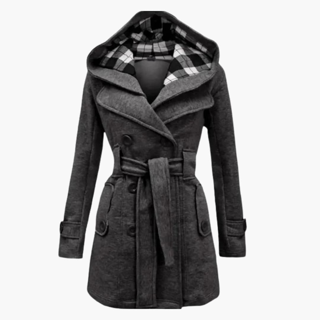Women's hooded trench coat with belt, wide lapel collar, and button closure in classic style