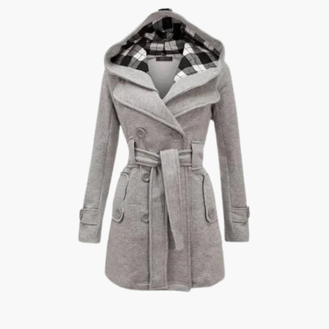 Women's beige hooded trench coat with wide lapel collar, belted waist, and button closure