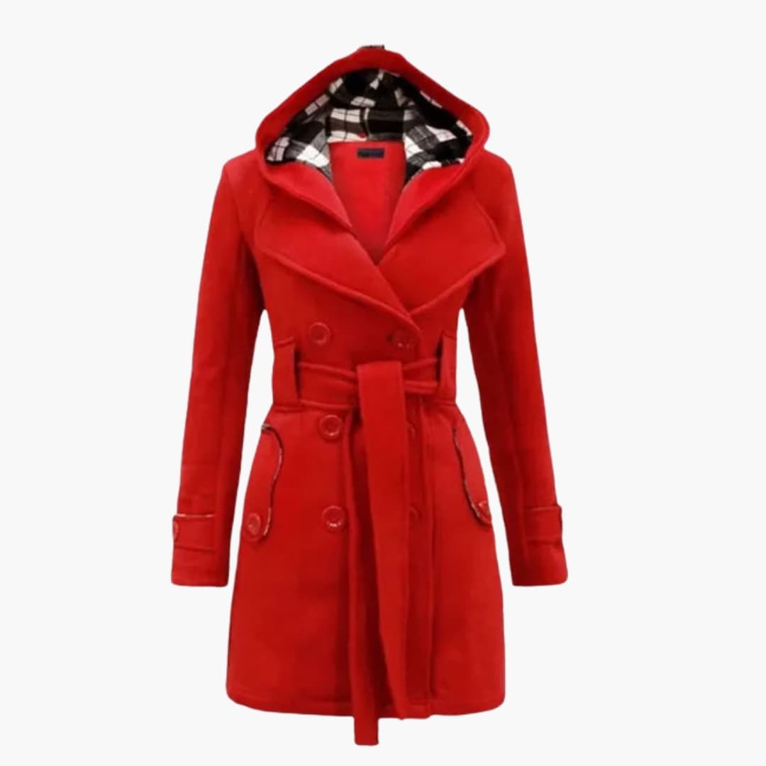 Women's beige hooded trench coat with belt, wide lapel collar, and streamlined silhouette