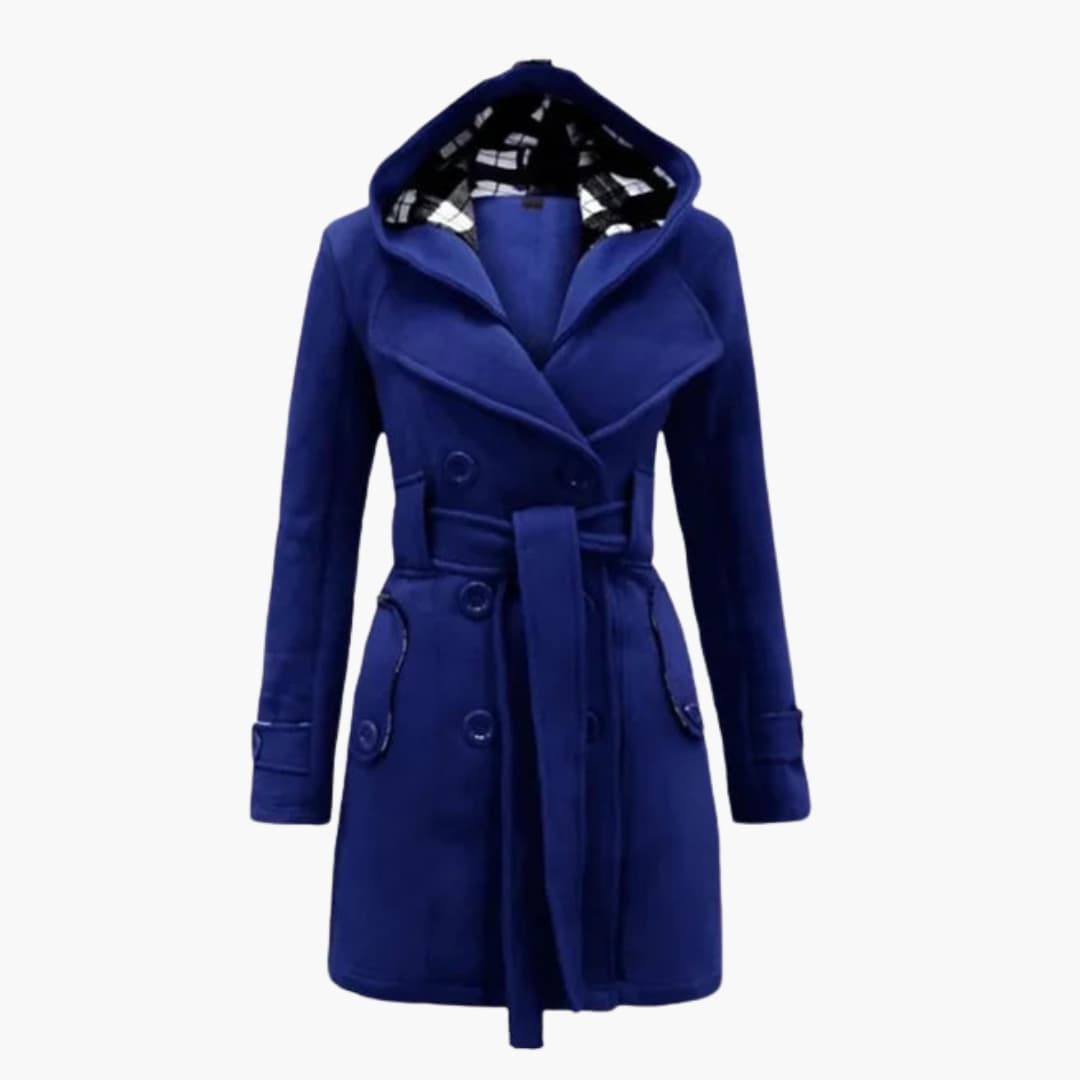 Women's beige hooded trench coat with wide lapel collar, belted waist, and button closure