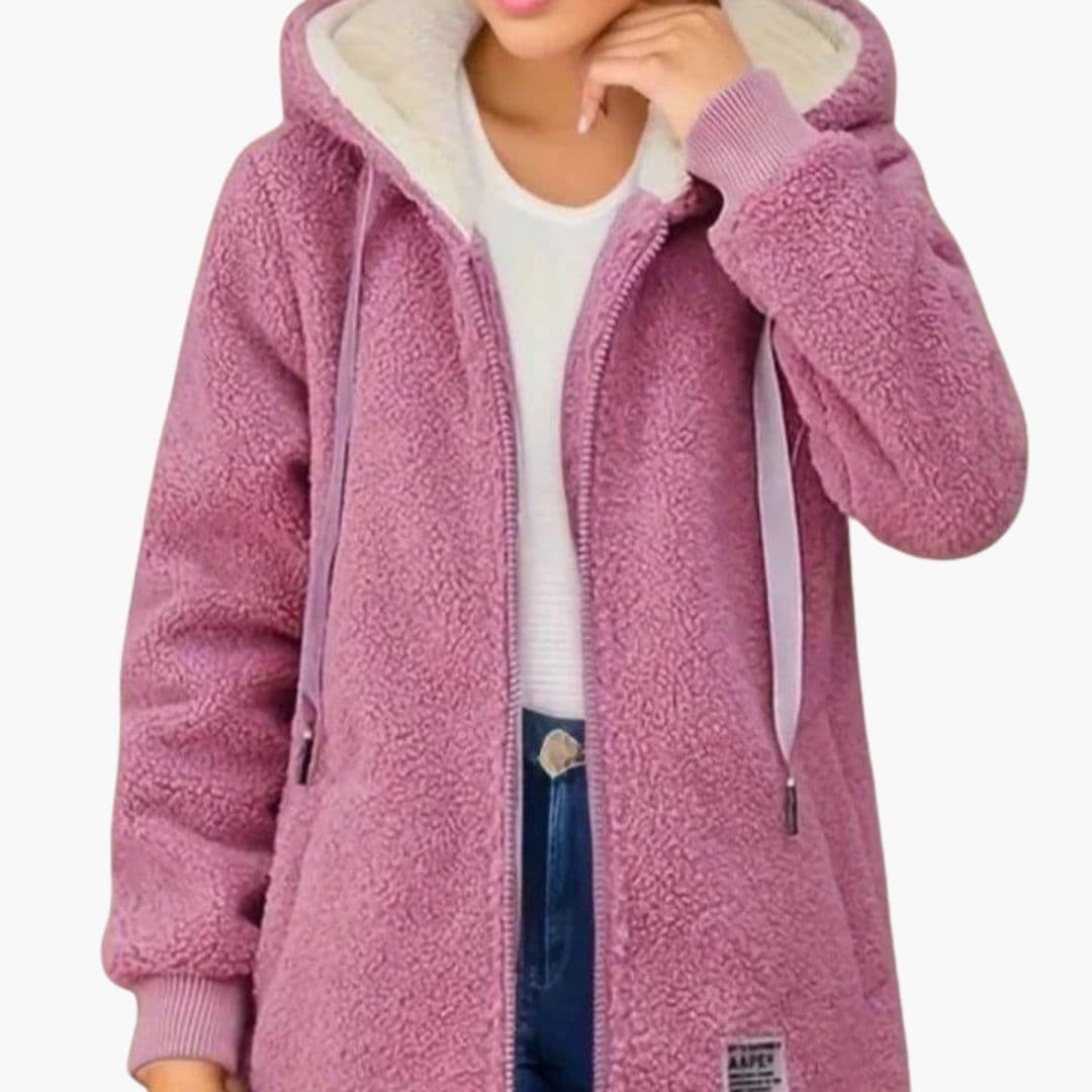 Women's hooded zip-up coat with textured finish, ribbed cuffs, front pockets, below-hip length