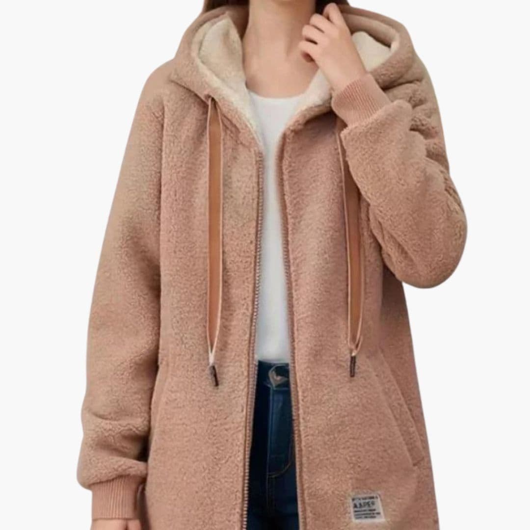 Women's textured hooded coat zip closure ribbed cuffs front pockets below-hip length streamlined fit